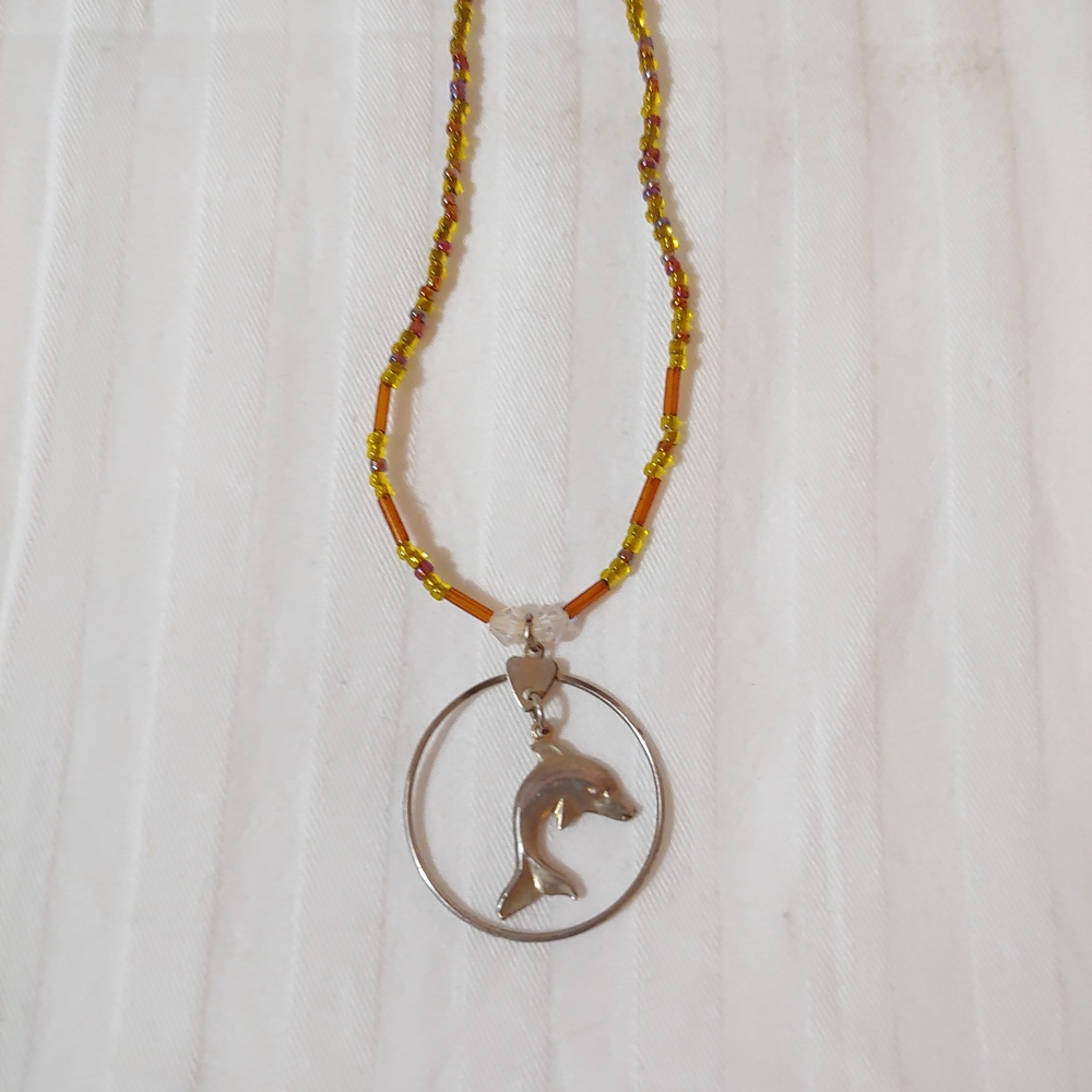 Silver Dolphin Pendant Necklace with Gold, Pink & Purple Beads